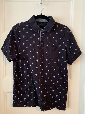 URBAN MAN Navy Palm-Print Polo Shirt - Men's Casual Collared Tee